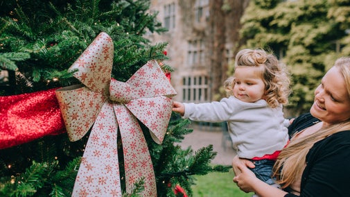 Family admiring the Christmas trees at Chirk Castle